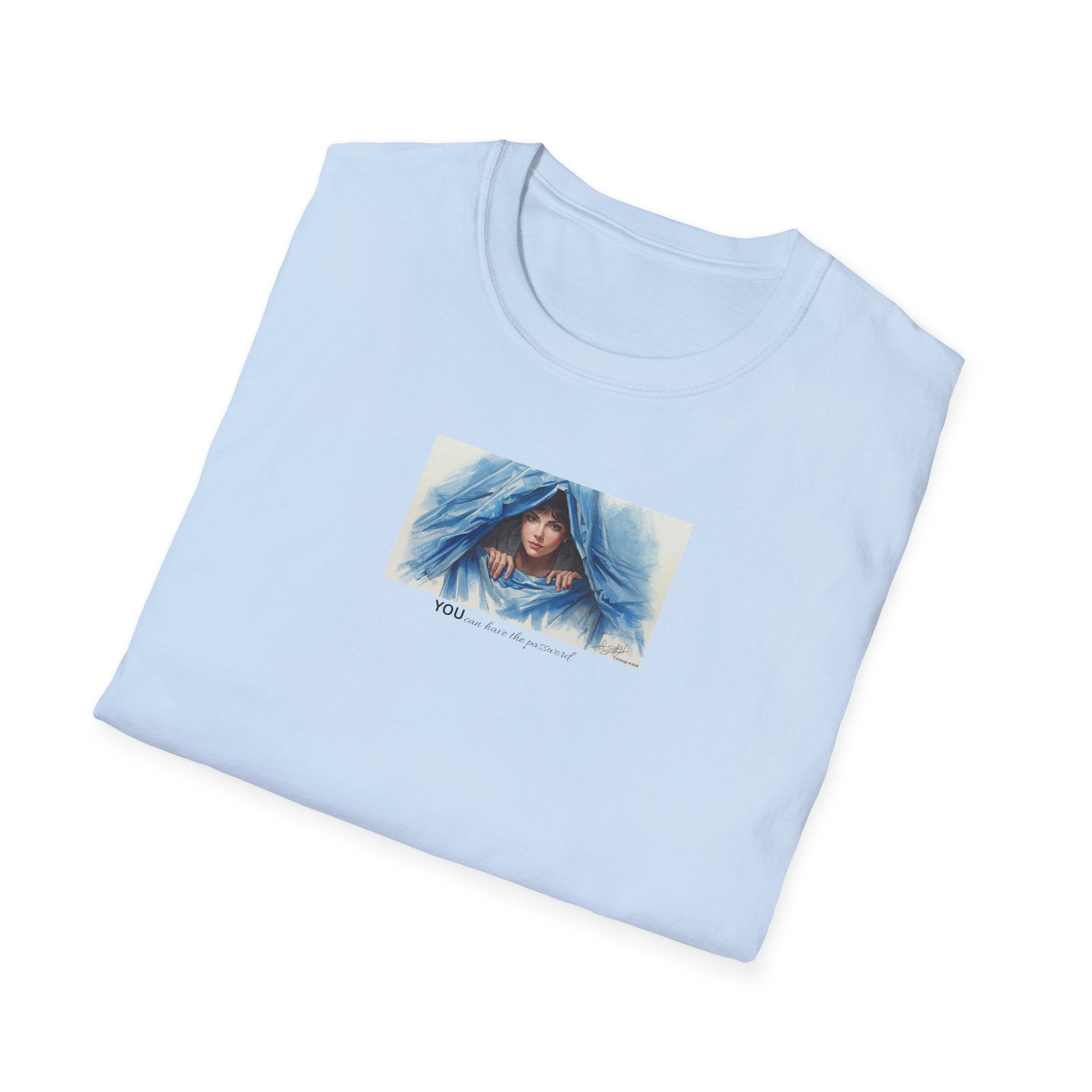 Blue Hooded Woman Illustration T-Shirt | Watercolor Portrait, Fun, Cheeky, Wearable Sayings