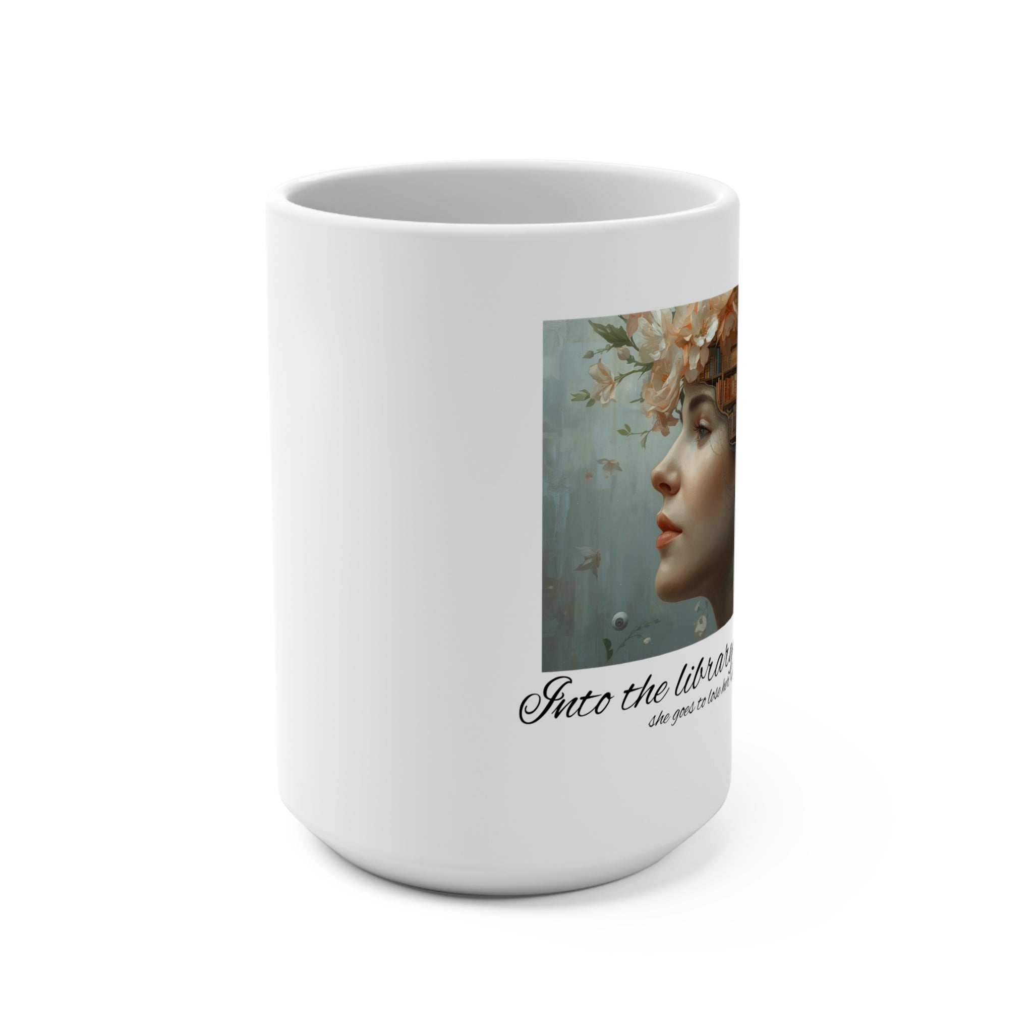 Into the Library Mug | Woman with Books & Floral Bookscape, Literary Art