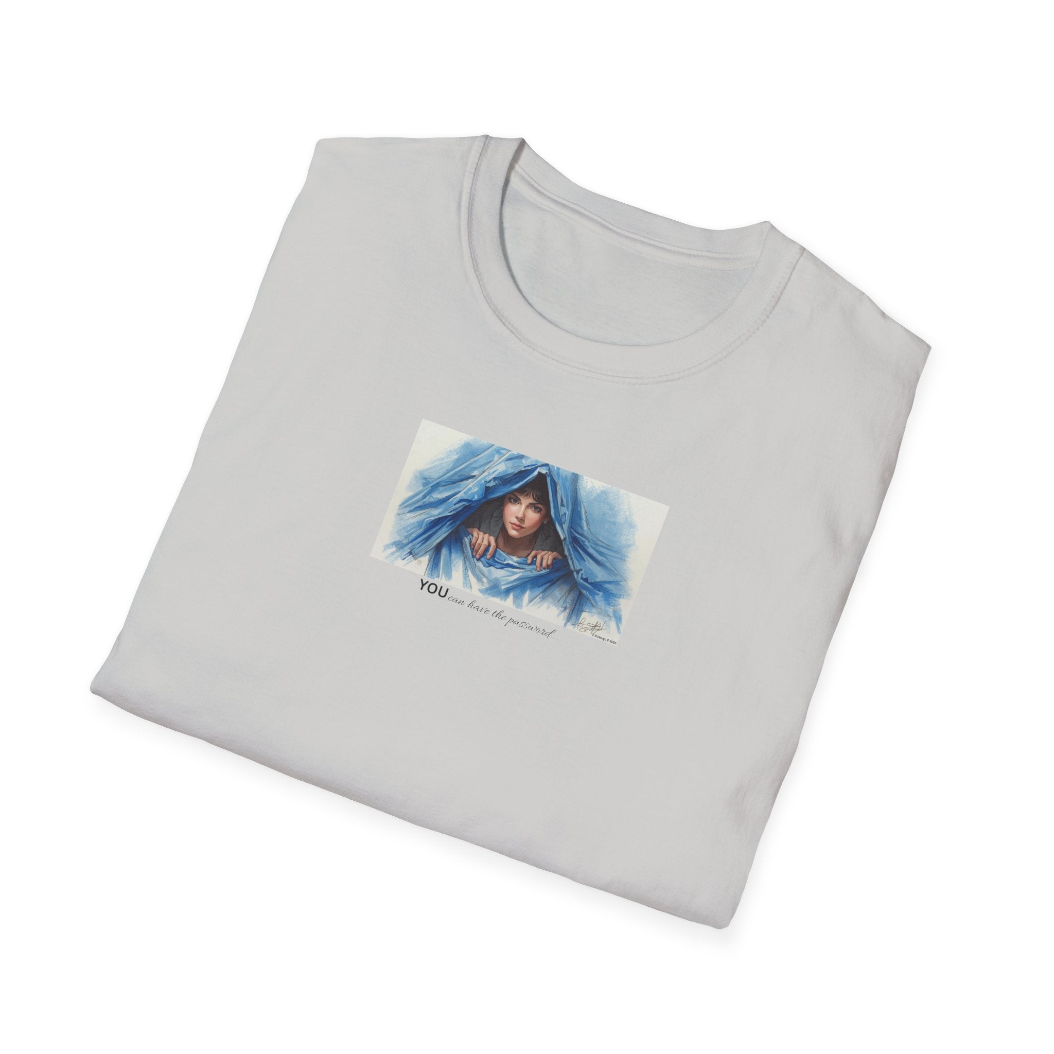 Blue Hooded Woman Illustration T-Shirt | Watercolor Portrait, Fun, Cheeky, Wearable Sayings