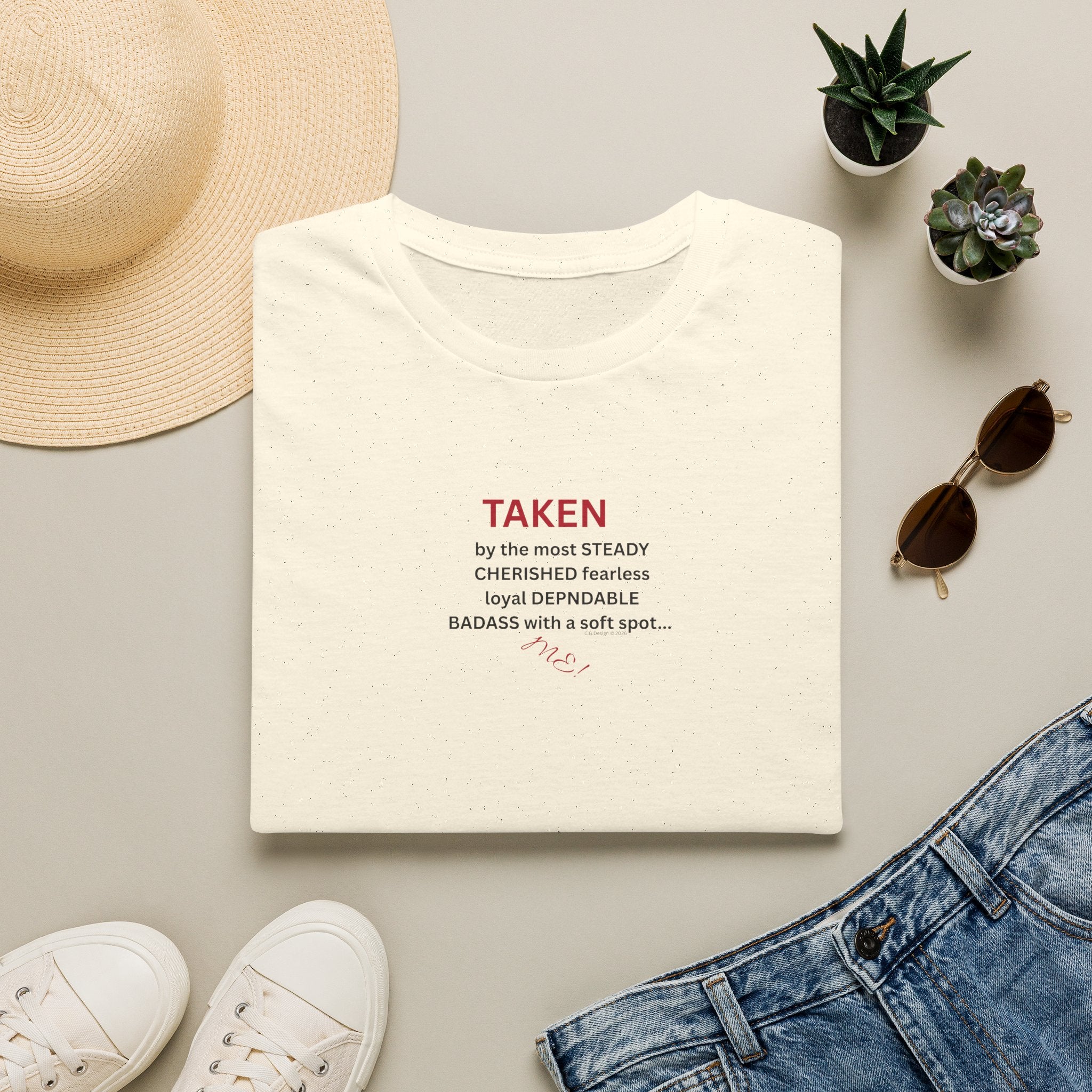 Taken: female version of her man's attributes, text T-Shirt | minimalist relationship quote tee 2