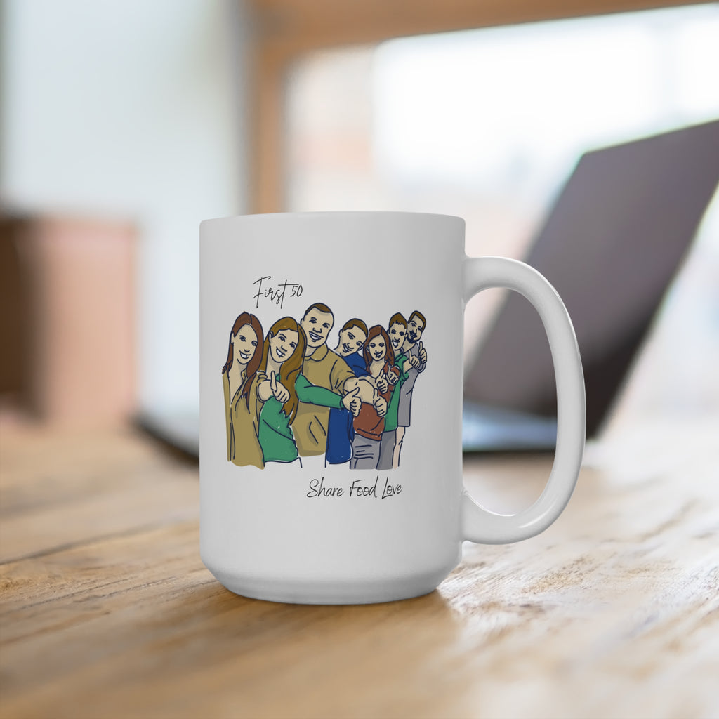 Friendship Illustration Mug with “First 50 | Share Food Love” Quote