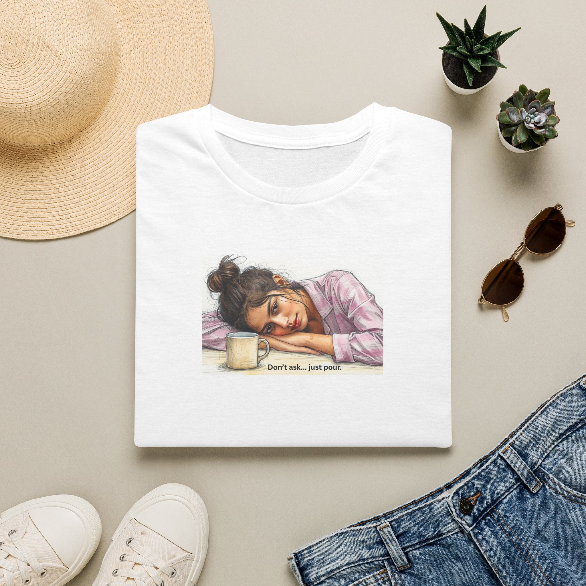 Sleepy Girl Illustration, Don't ask, just pour, T-Shirt | Coffee, Resting Head, Cute Artwork 2
