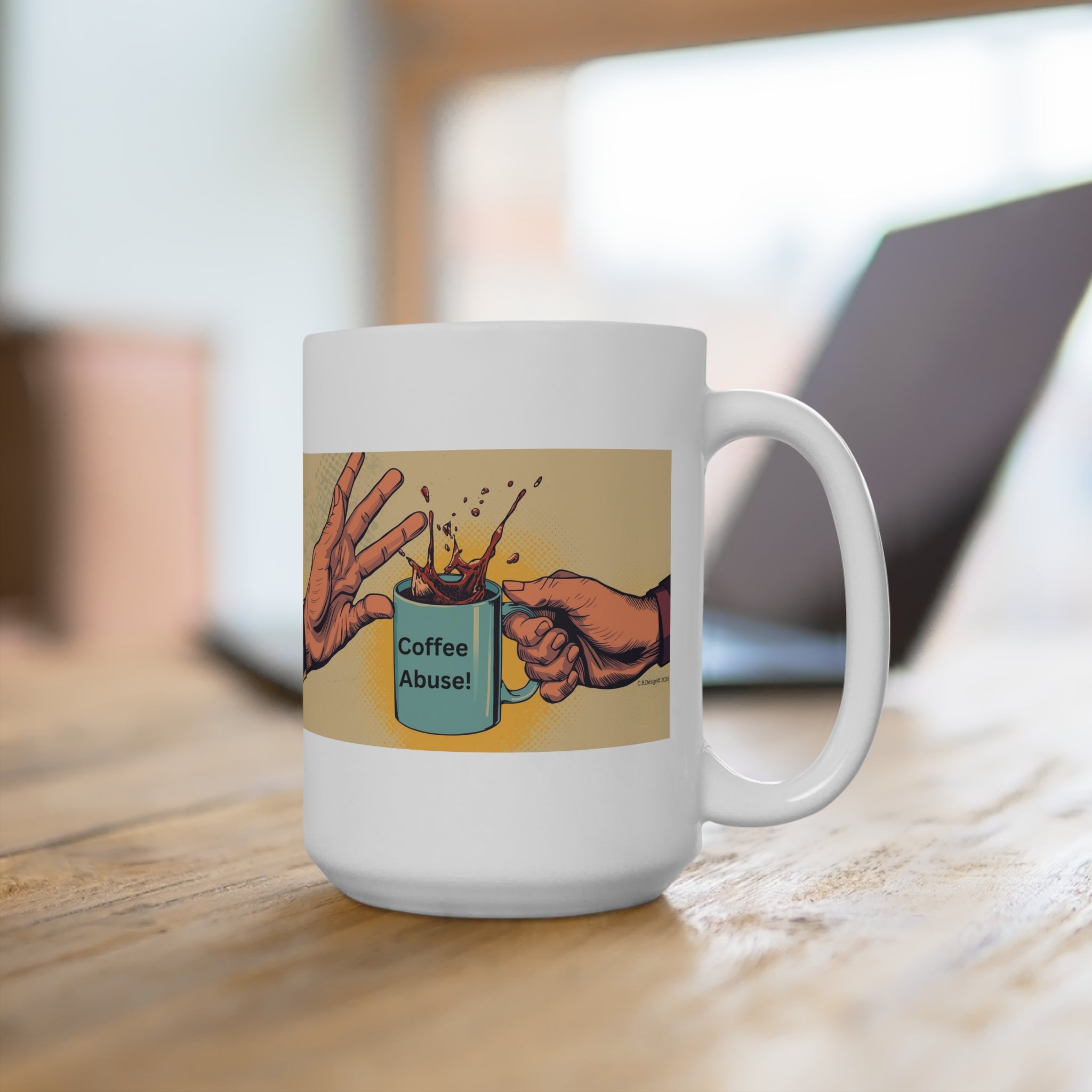Coffee Abuse Mug | Pop Art Hands Spilling Coffee, Retro Comic Design