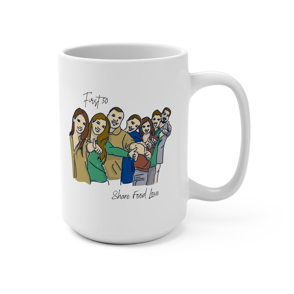 Friendship Illustration Mug with “First 50 | Share Food Love” Quote