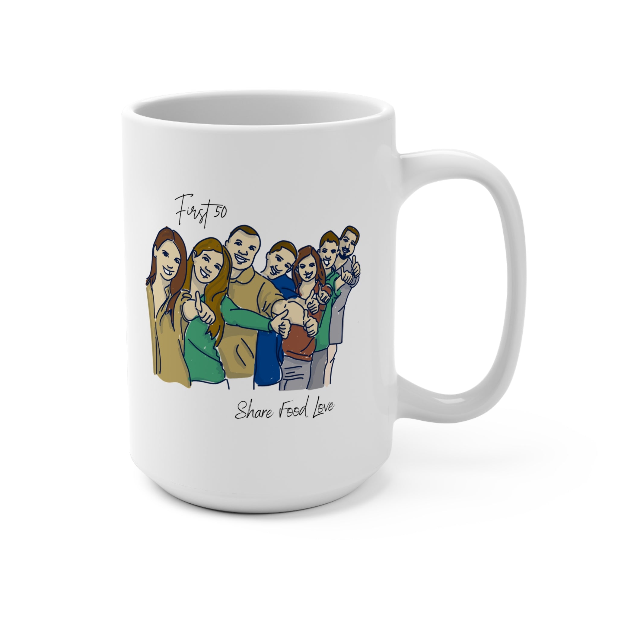 Friendship Illustration Mug with “First 50 | Share Food Love” Quote