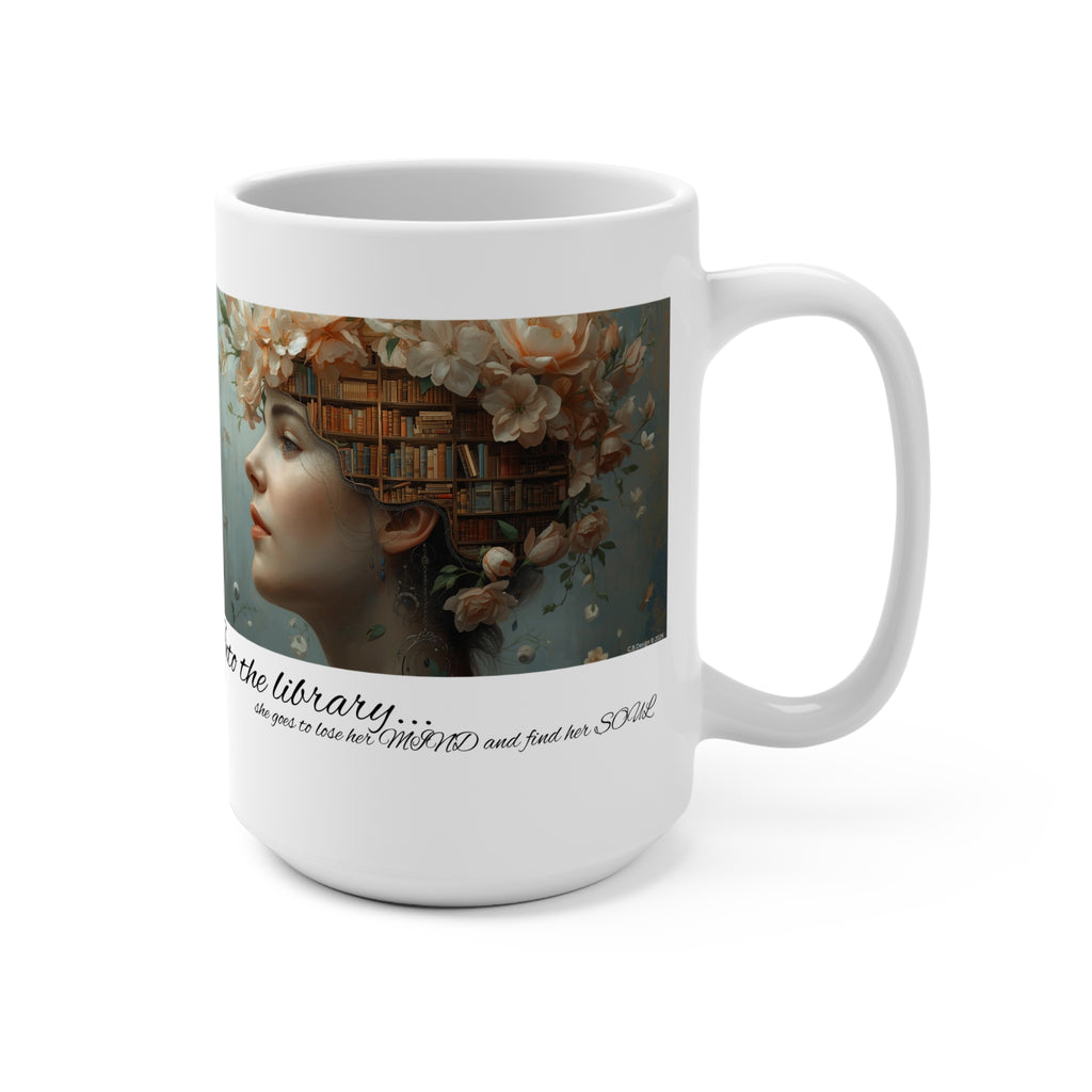 Into the Library Mug | Woman with Books & Floral Bookscape, Literary Art