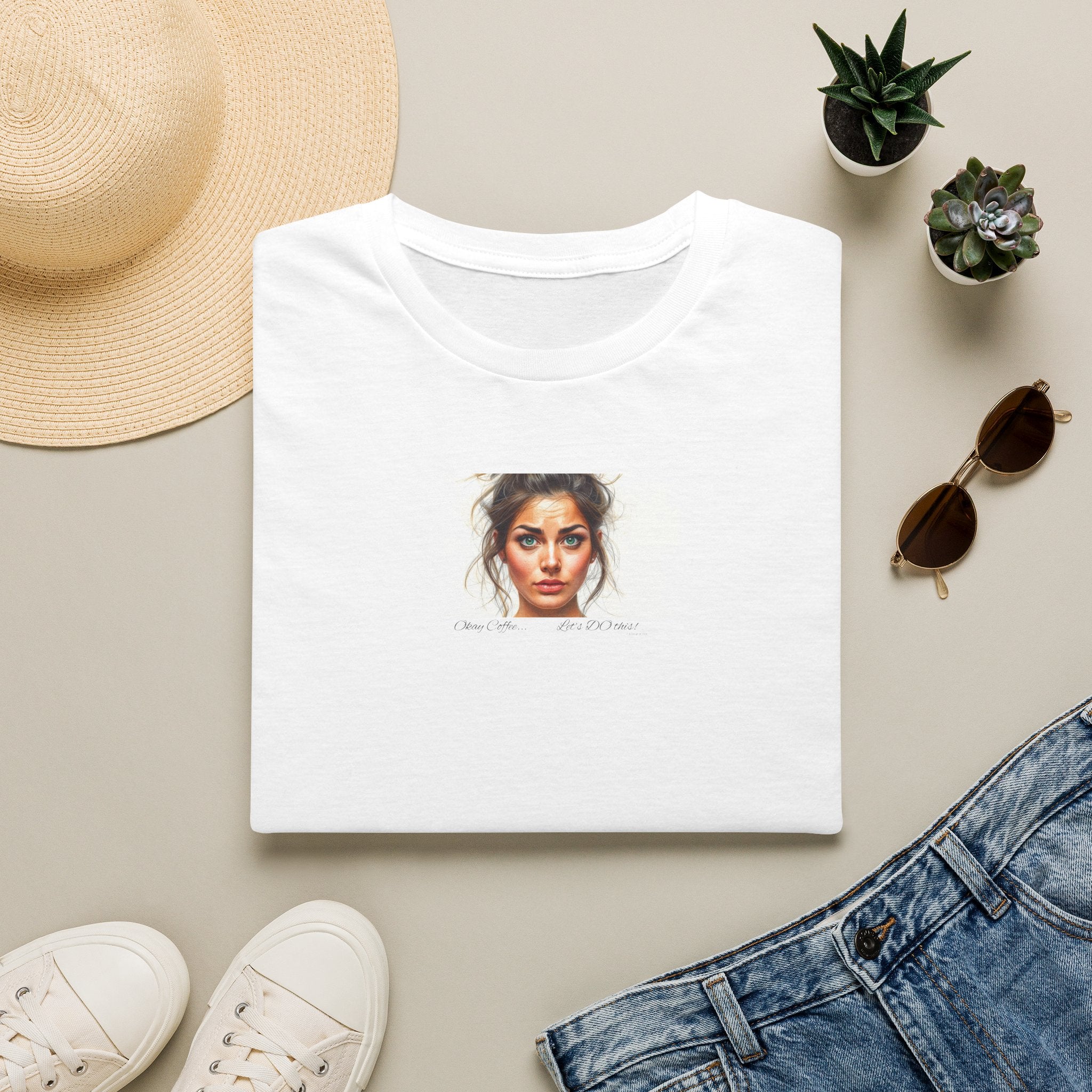 Realistic Watercolor Woman Portrait, Okay Coffee... let's DO this! T-Shirt | Small Chest Print, Minimal Art Tee 2