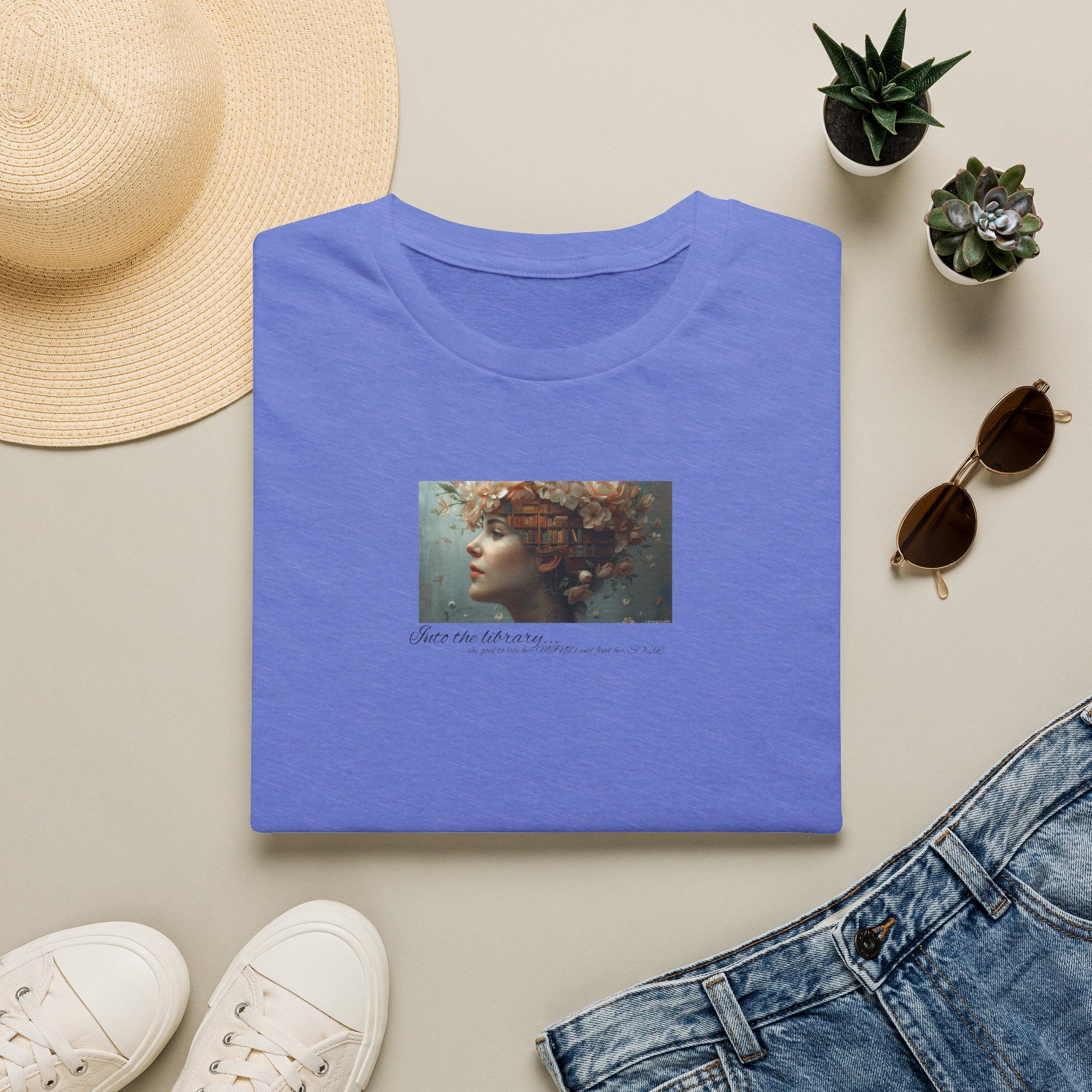 Floral into the library T-Shirt | Woman Face Art, Botanical Hair 2