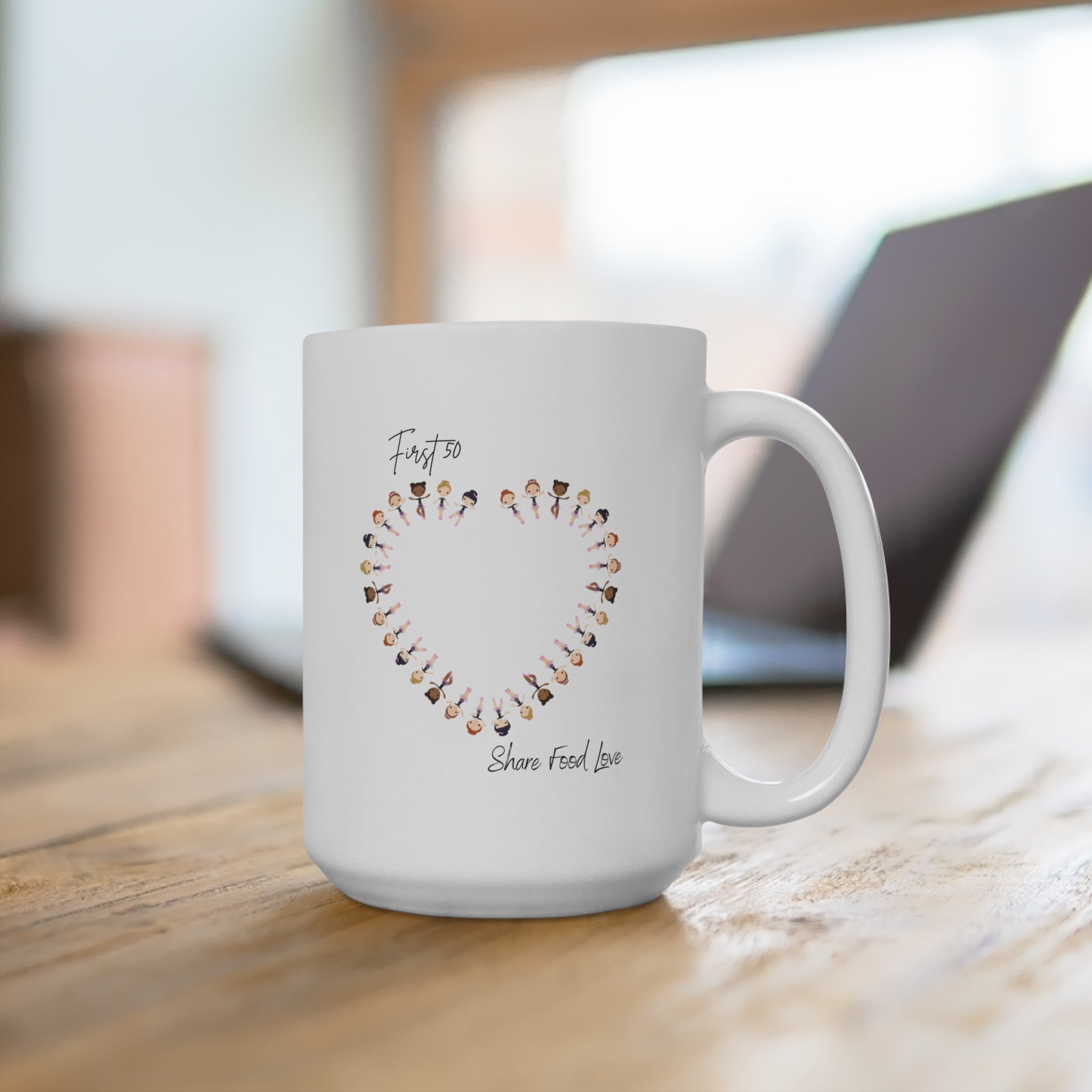 Heart First 50   mug 15oz: 'Share Food Love' Coffee Cup