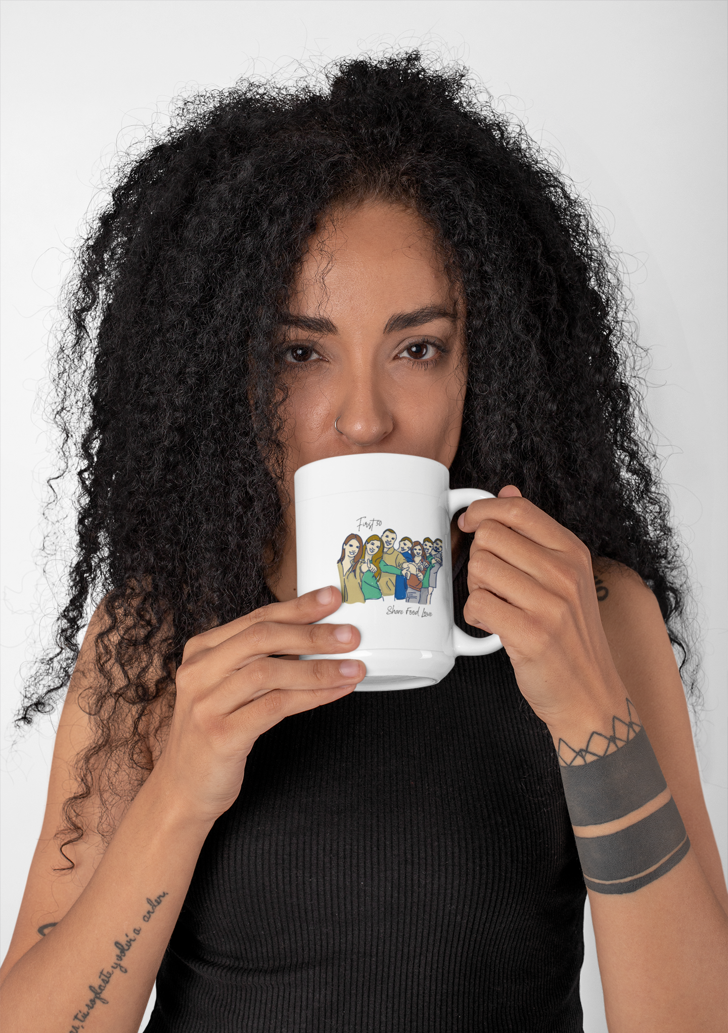 Friendship Illustration Mug with “First 50 | Share Food Love” Quote