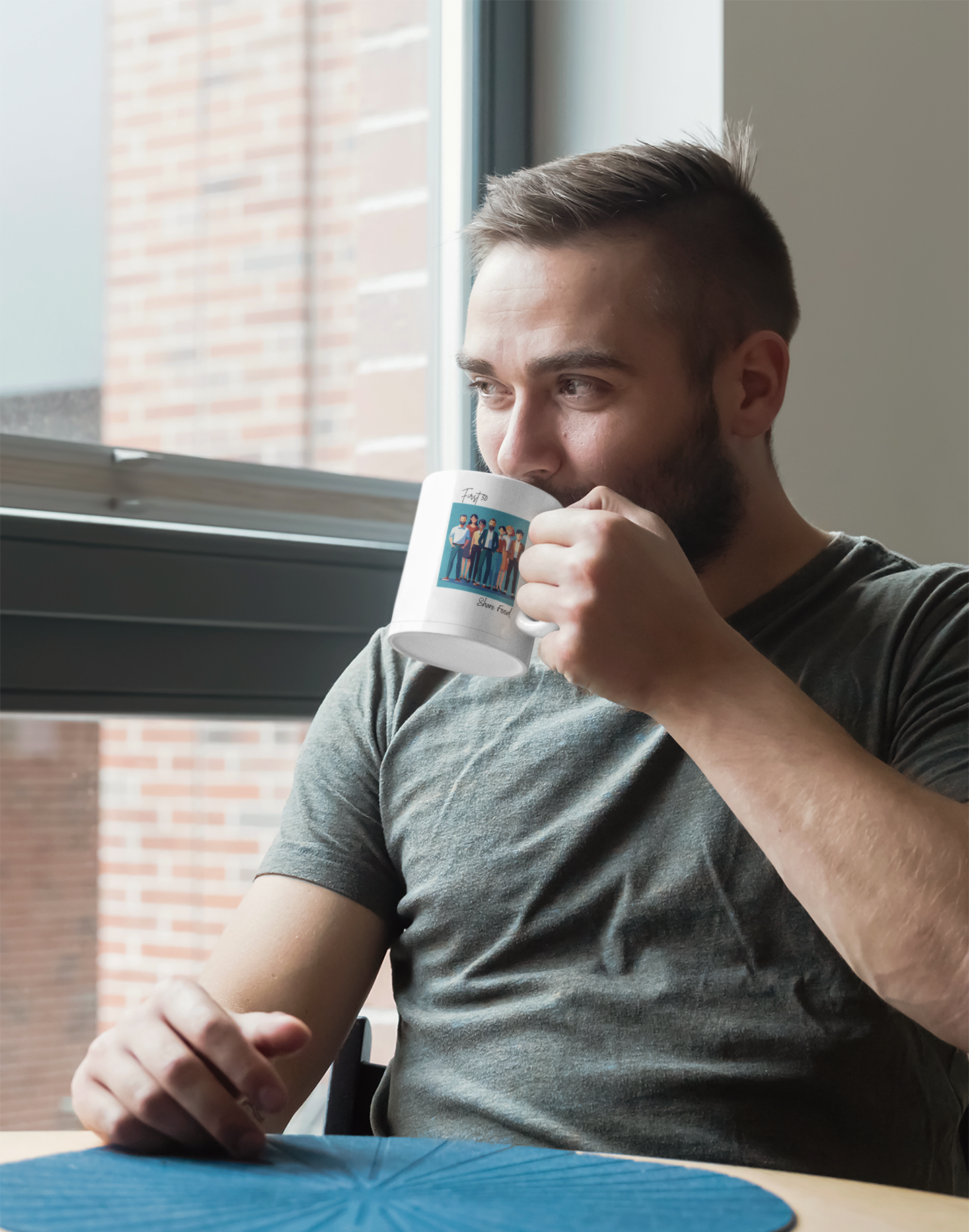 “First 50” Group Illustration Mug , Share Food Love Coffee Cup