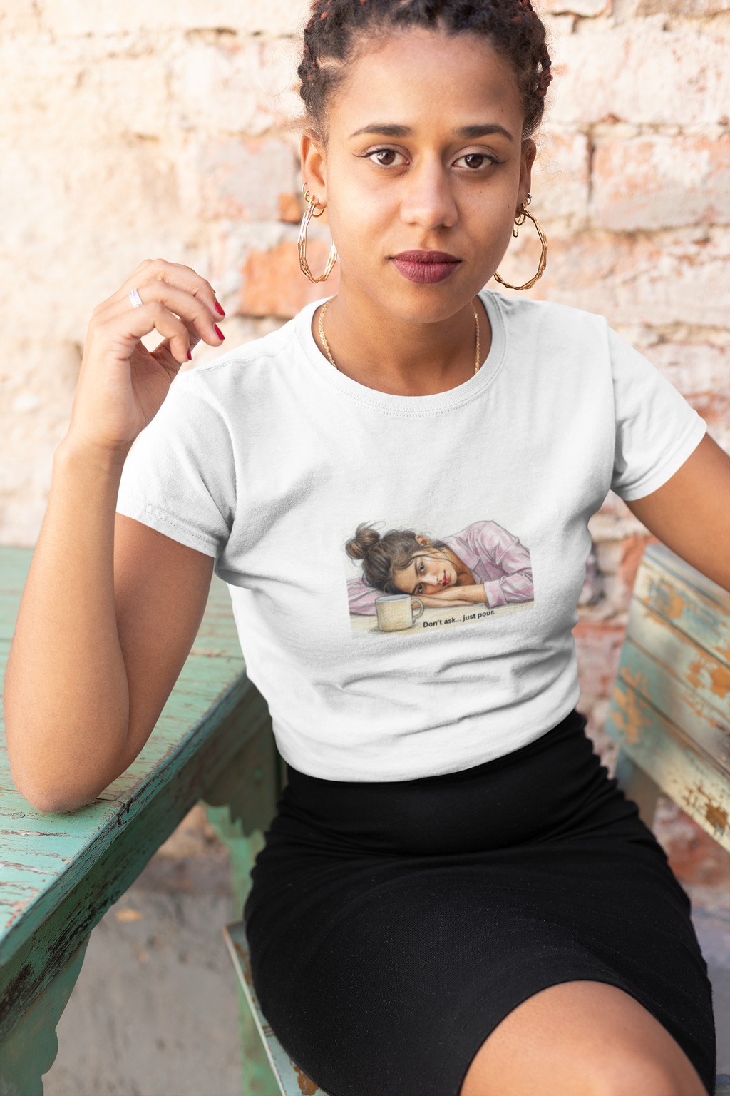 Sleepy Girl Illustration, Don't ask, just pour, T-Shirt | Coffee, Resting Head, Cute Artwork 2