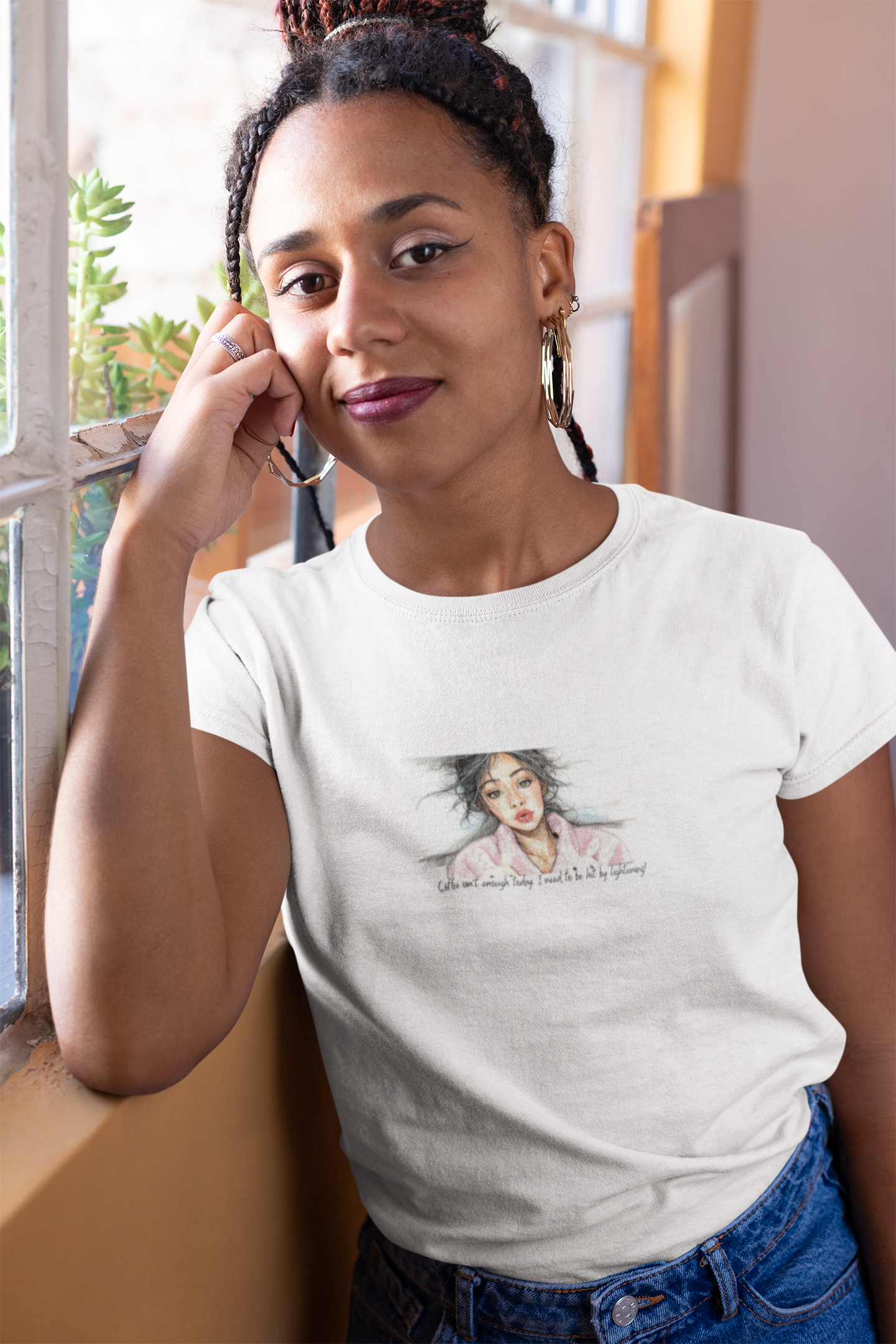 Coffee is not enough, lightening  — Painterly Portrait Graphic Tee (stylized female face) 2
