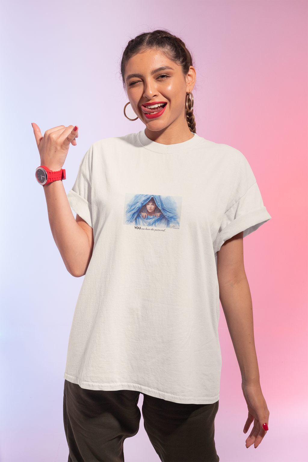 Blue Hooded Woman Illustration T-Shirt | Watercolor Portrait, Fun, Cheeky, Wearable Sayings 2