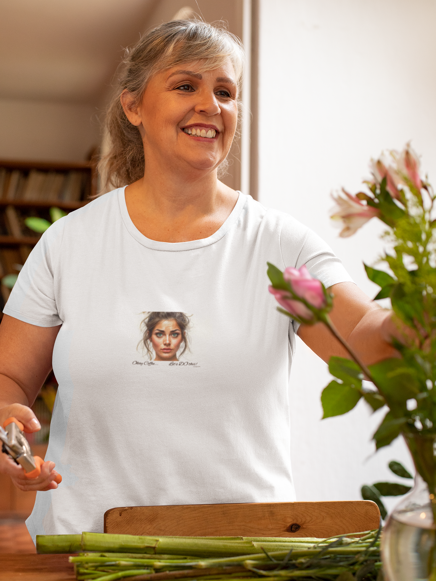 Realistic Watercolor Woman Portrait, Okay Coffee... let's DO this! T-Shirt | Small Chest Print, Minimal Art Tee 2