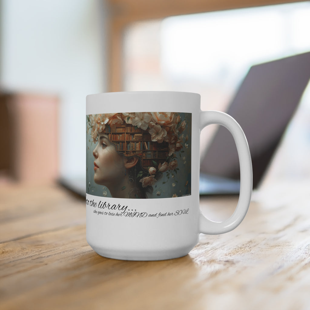 Into the Library Mug | Woman with Books & Floral Bookscape, Literary Art 2