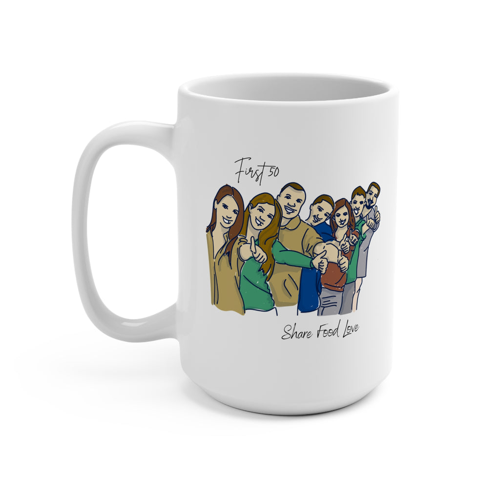 Friendship Illustration Mug with “First 50 | Share Food Love” Quote