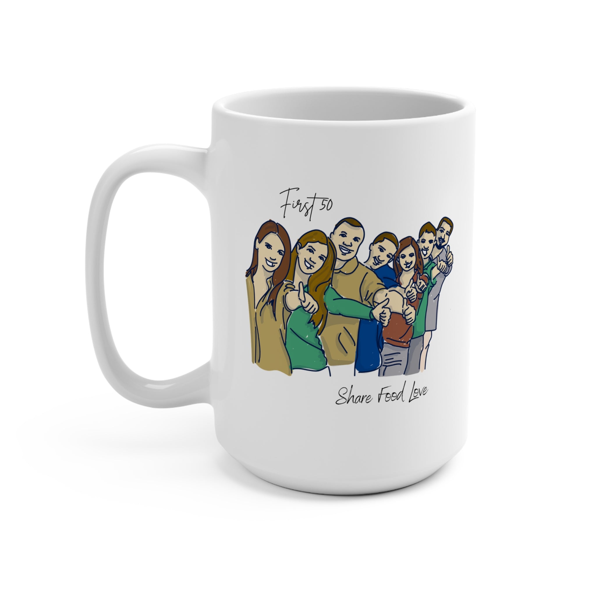 Friendship Illustration Mug with “First 50 | Share Food Love” Quote
