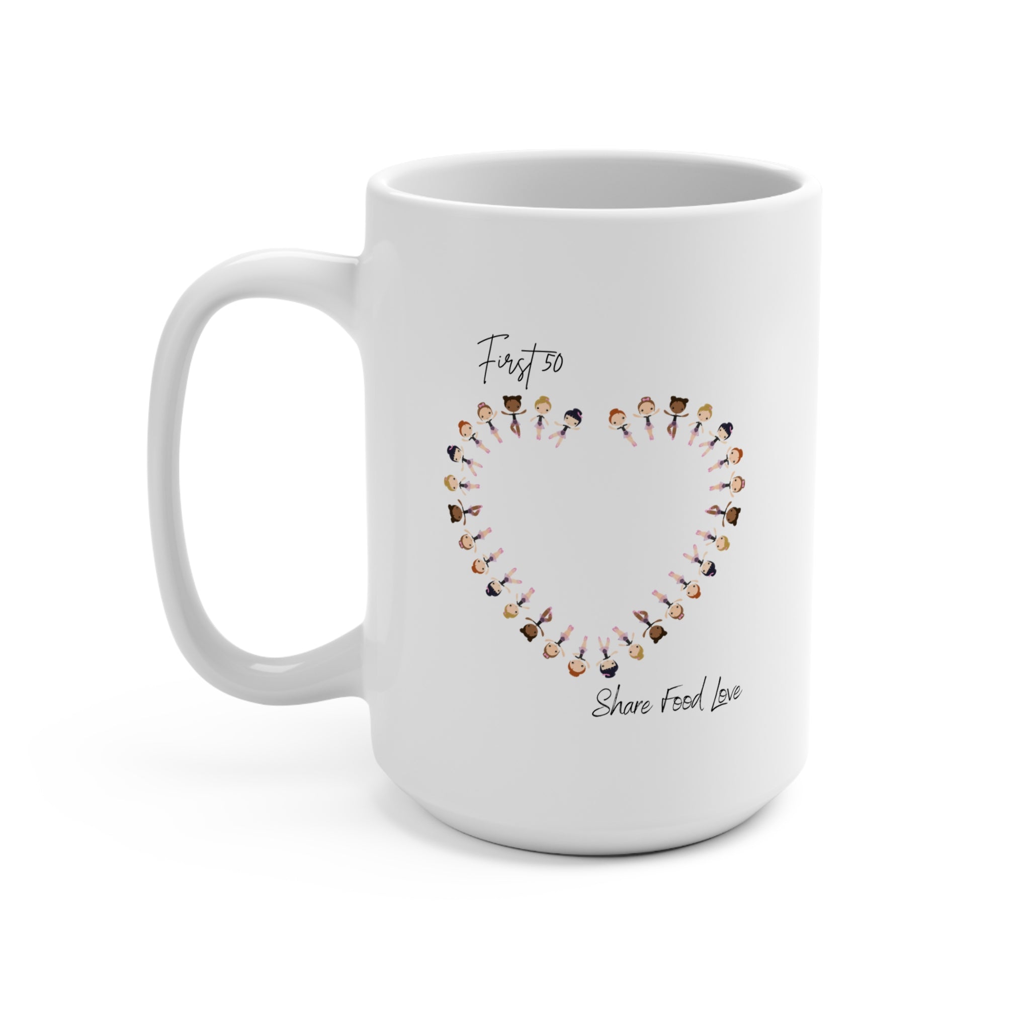 Heart First 50   mug 15oz: 'Share Food Love' Coffee Cup