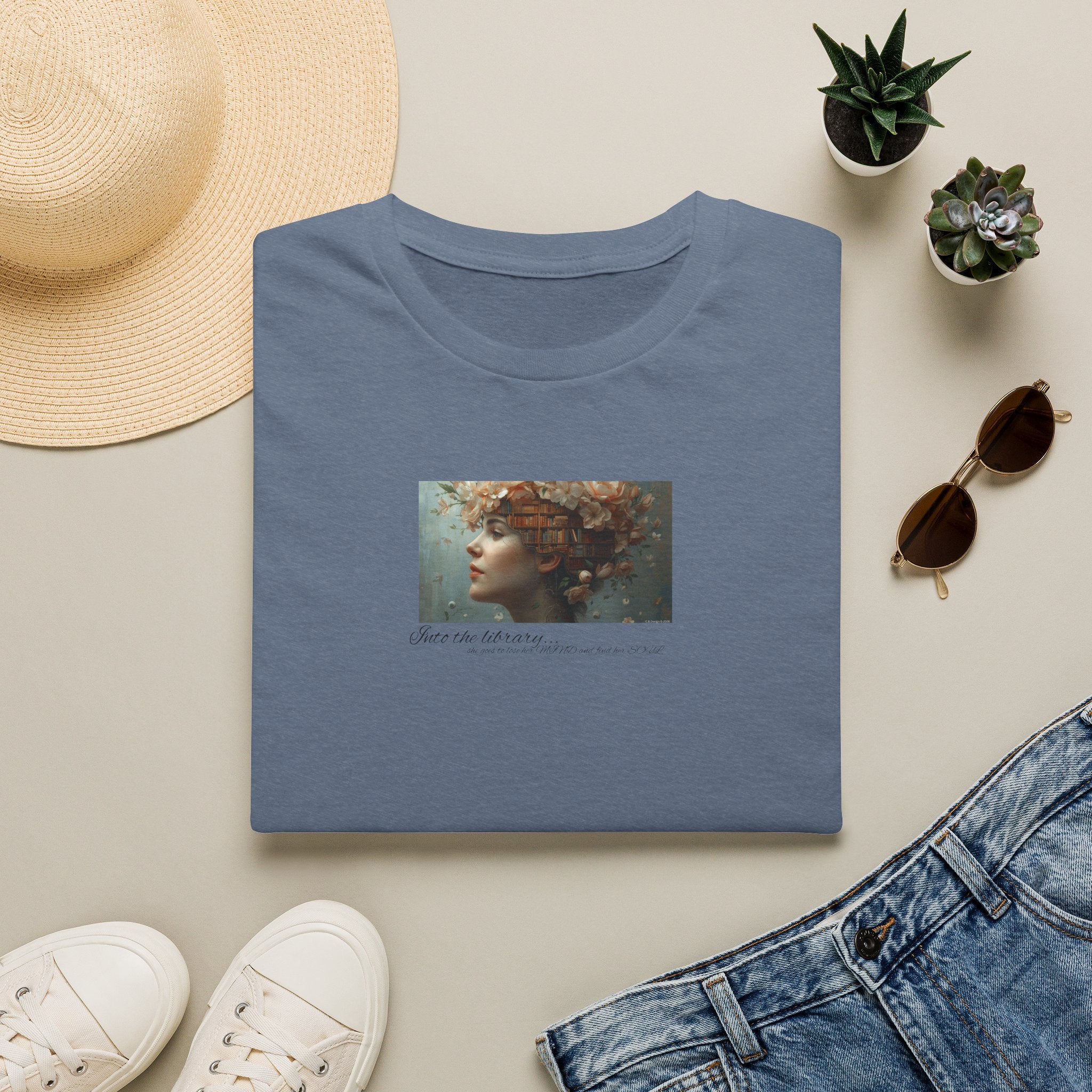 Floral into the library T-Shirt | Woman Face Art, Botanical Hair 2