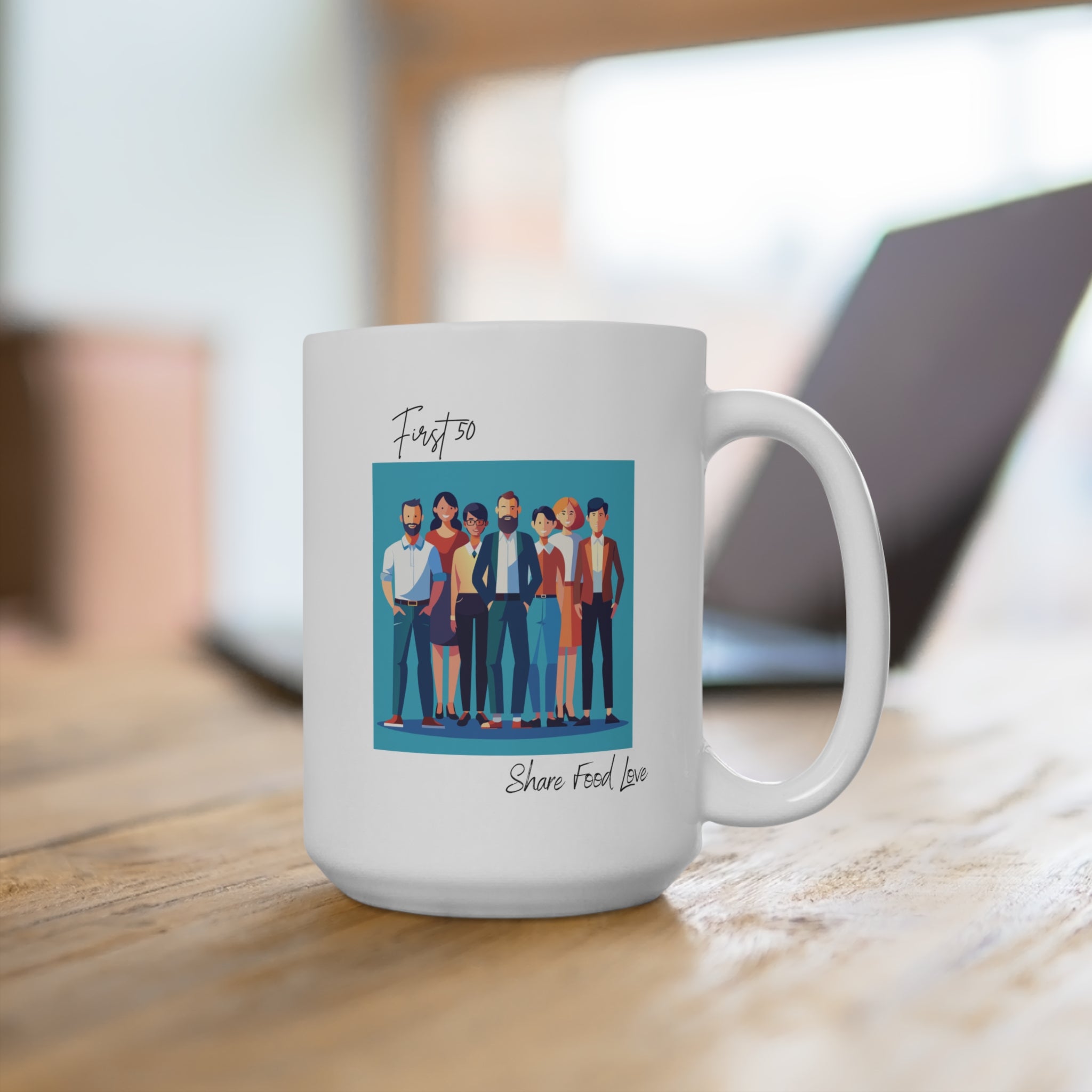 “First 50” Group Illustration Mug , Share Food Love Coffee Cup