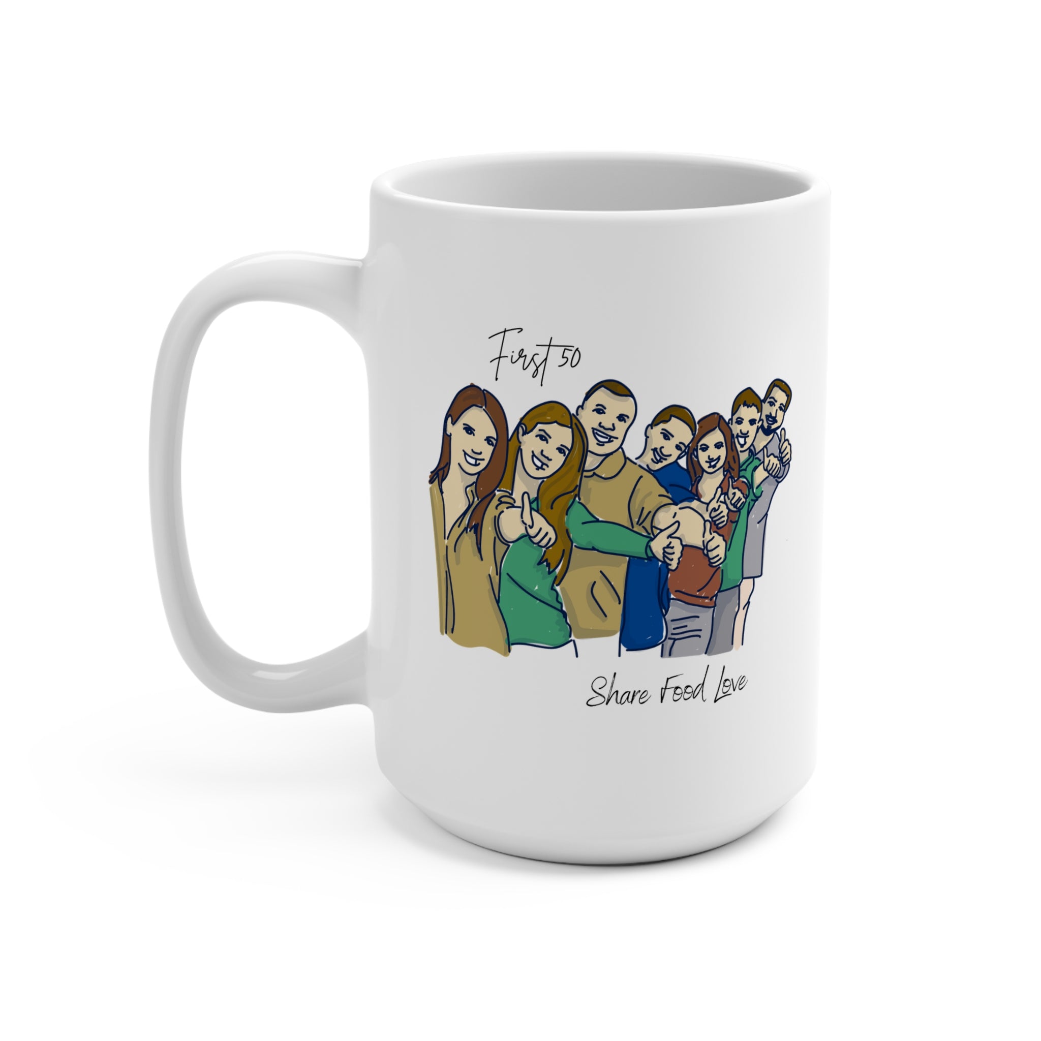 Friendship Illustration Mug with “First 50 | Share Food Love” Quote 2