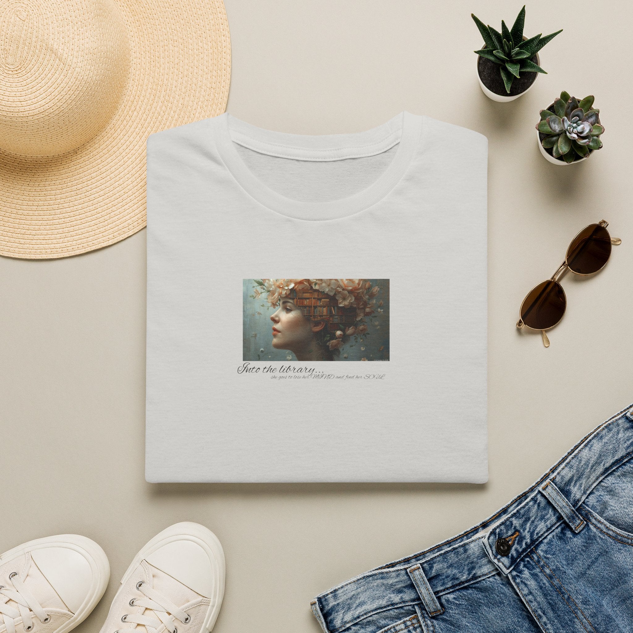 Floral into the library T-Shirt | Woman Face Art, Botanical Hair 2