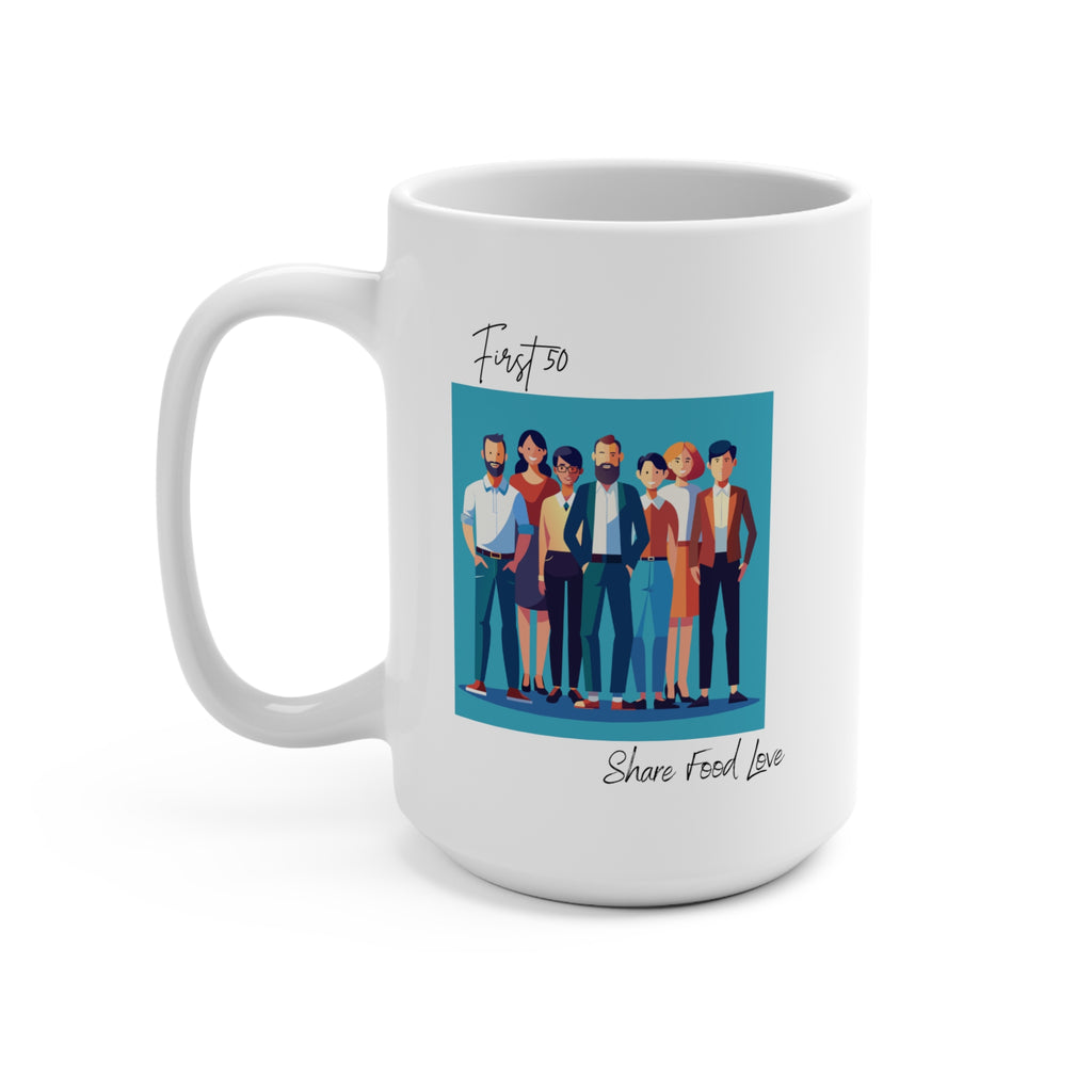 “First 50” Group Illustration Mug , Share Food Love Coffee Cup