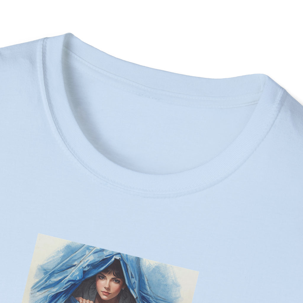 Blue Hooded Woman Illustration T-Shirt | Watercolor Portrait, Fun, Cheeky, Wearable Sayings
