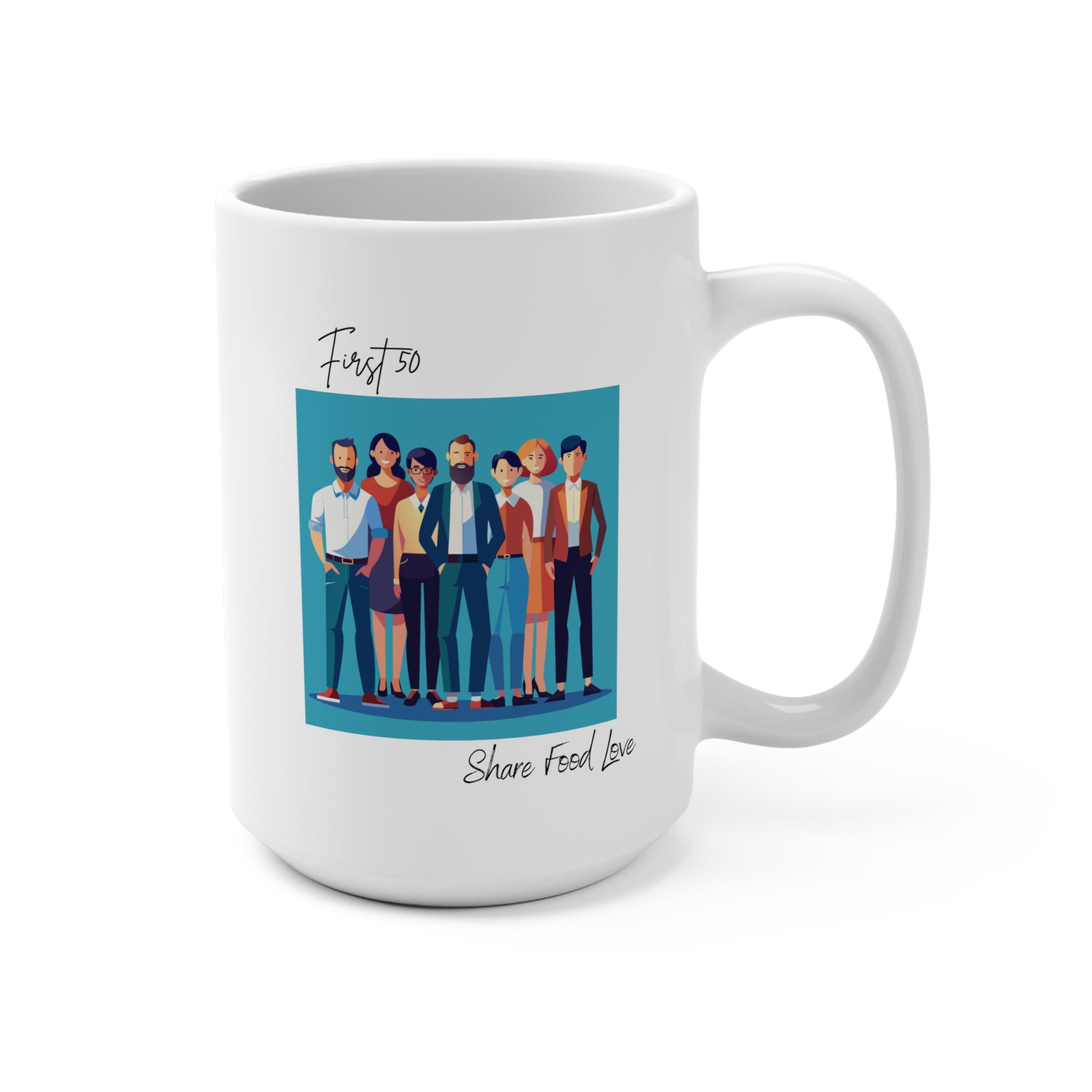 “First 50” Group Illustration Mug , Share Food Love Coffee Cup