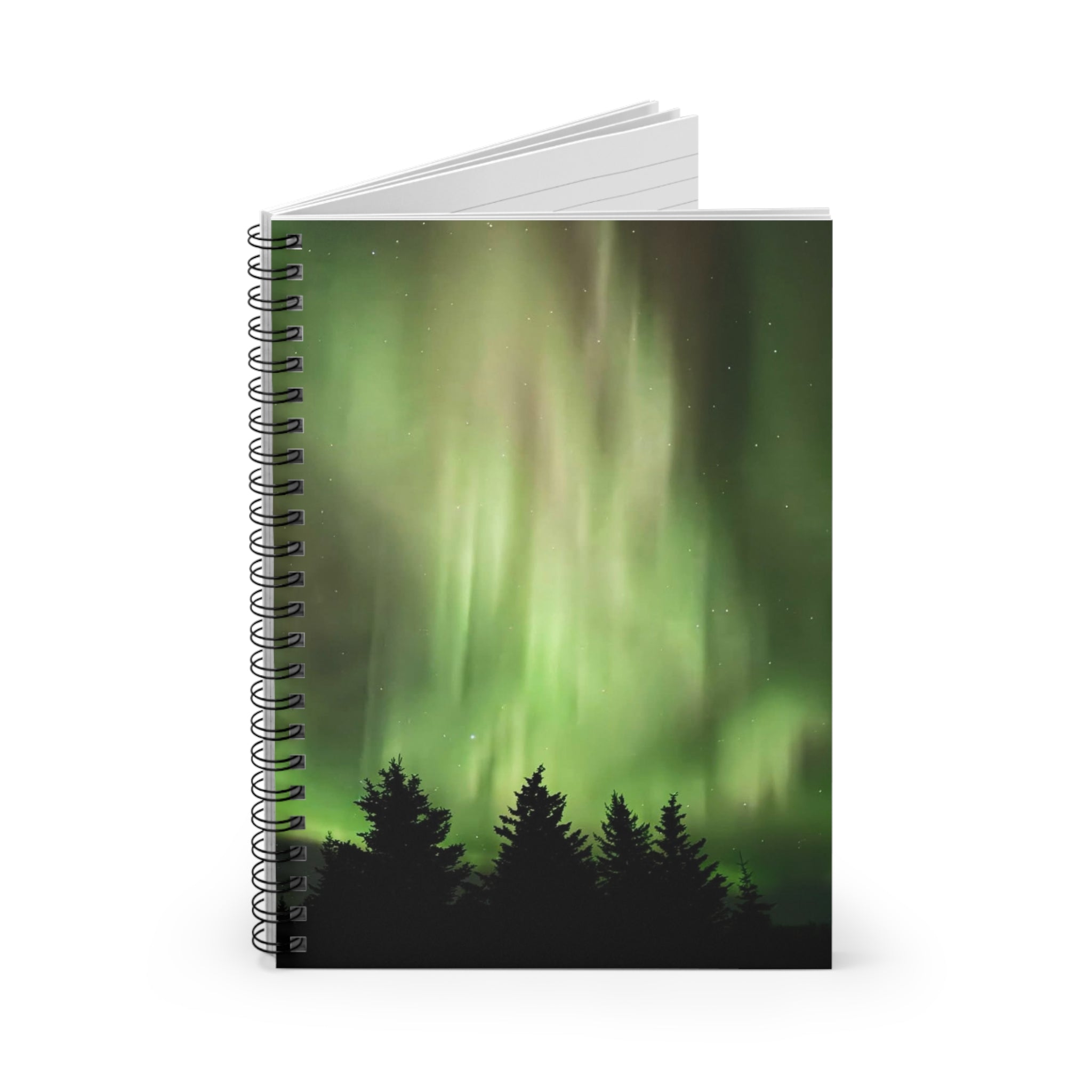 Aurora Night Spiral Notebook — Green Northern Lights Ruled Journal
