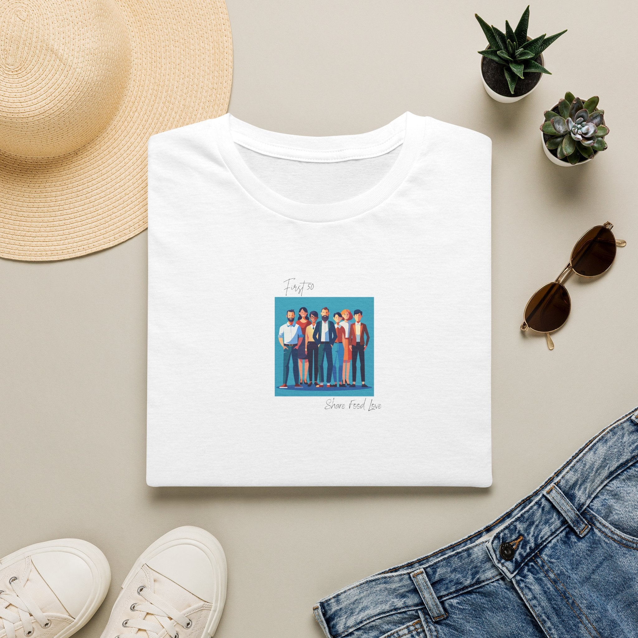 First 50 Photo Tee — Retro Group Portrait | "Share food Love" Graphic T-Shirt