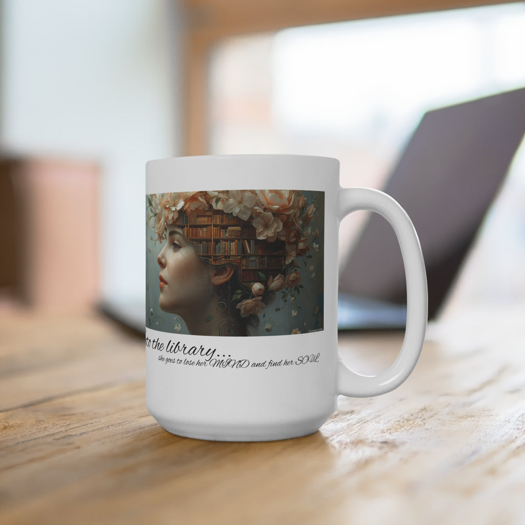 Into the Library Mug | Woman with Books & Floral Bookscape, Literary Art