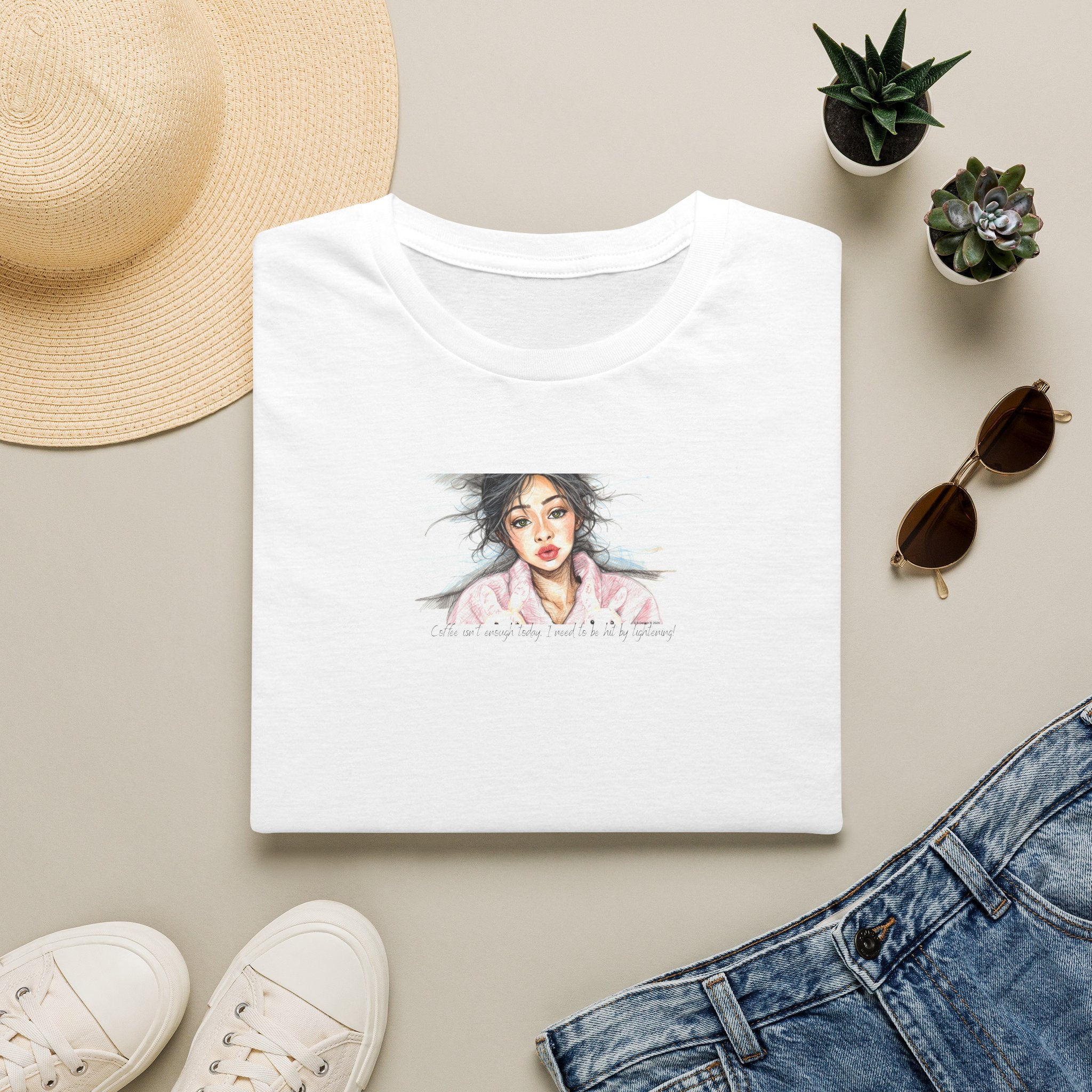 Coffee is not enough, lightening  — Painterly Portrait Graphic Tee (stylized female face) 2